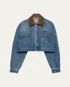Prada Cropped Jacket With Dropped Shoulders And Puffed Sleeves In Blue