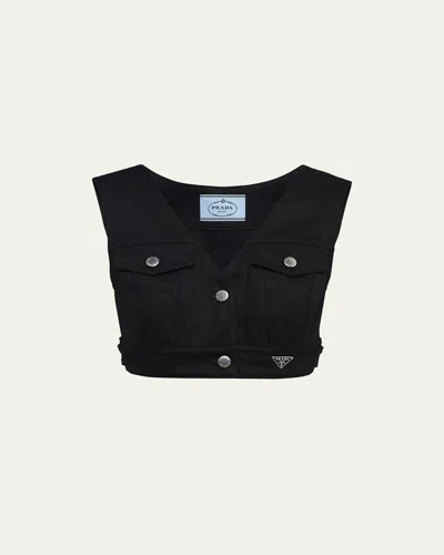 Prada Embellished Denim Crop Top In Black