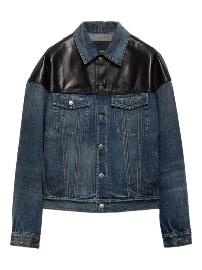 Prada Denim And Leather Jacket In Blue