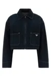 Prada Cropped Denim Jacket Structured Collar Long Sleeves In Blue