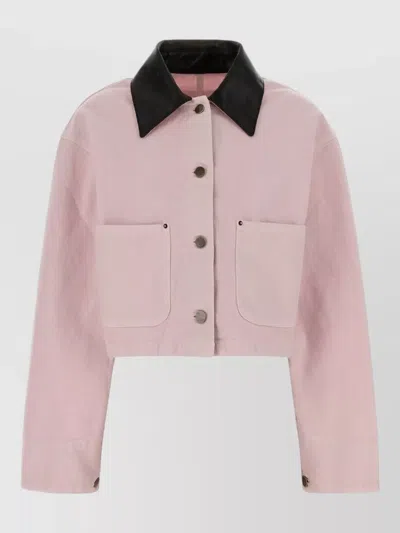 Prada Denim Jacket Long Sleeves Contrast Collar Pockets In Pink