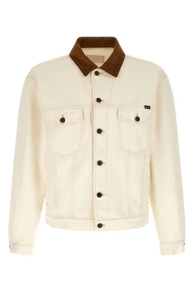 Prada Denim Jacket Suede Collar Boxy Cut In Neutral