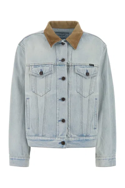 Prada Denim Jacket With Corduroy Collar In Blue