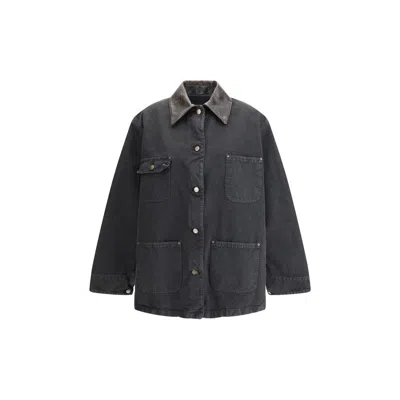 Prada Denim Jacket With Leather Collar In Black