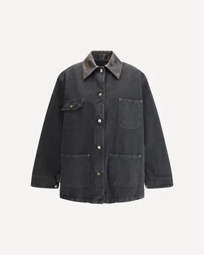 Prada Denim Jacket With Leather Collar In Gray