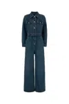 Prada Jumpsuit Denim Belt Loops Chest Pockets Long Sleeves In Bleu