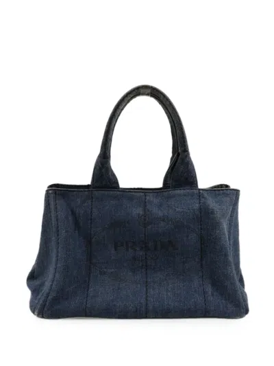 Pre-owned Prada Denim Logo-print Tote Bag In Blue