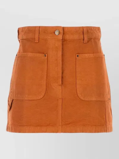 Prada Denim Mini Skirt Belt Loops Back Patch In Orange