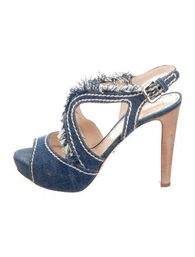 Pre-owned Prada Denim Raw-edge Trim Slingback Pumps In Blue