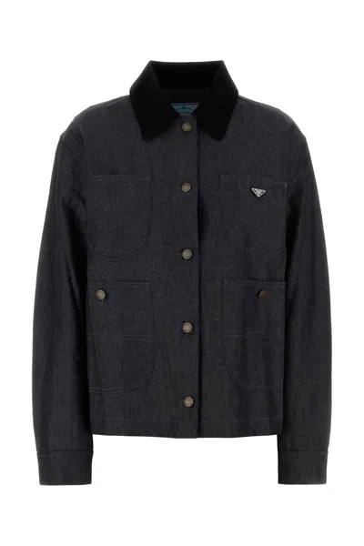 Prada Denim Shirt Chest Pockets Collared Neck In Multi
