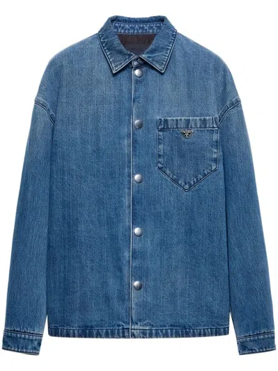 Prada Enamel-triangle Logo Denim Shirt In Blue
