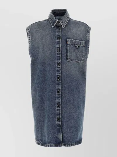 Prada Denim Shirt Sleeveless Chest Pocket In Blue