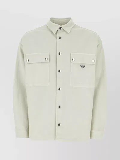 Prada Denim Shirt With Chest Pockets And Cuffed Sleeves In Green