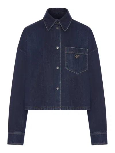 Prada Denim Shirt With Logo In Blue