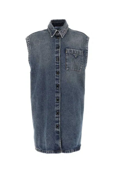 Prada Denim Sleeveless Shirt In Blue
