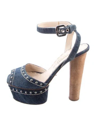 Pre-owned Prada Denim Studded Accents Pumps In Blue