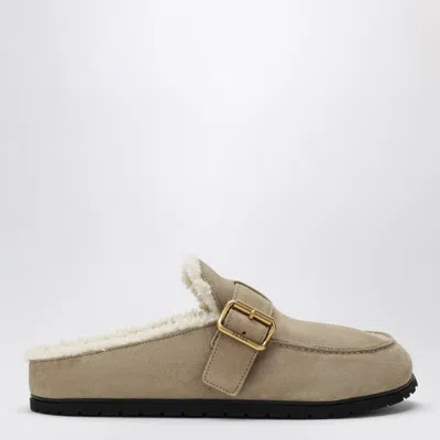 Prada Desert Suede Mini Clogs With Shearling Lining In Neutral