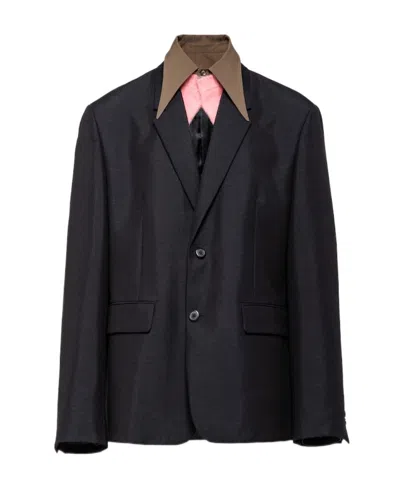 Prada Detachable-collar Wool Blazer In Blue