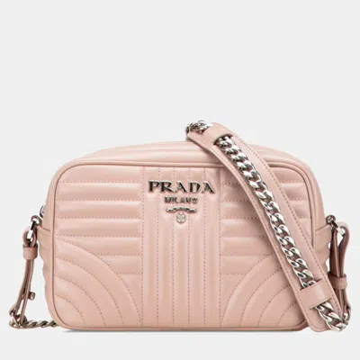 Pre-owned Prada Diagram Crossbody Chain Shoulder Bag Pink Beige Leather In Sand