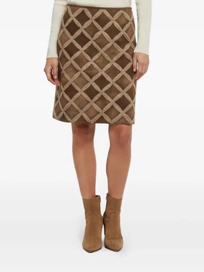 Pre-owned Prada Diamond-pattern Suede Midi Skirt In Brown