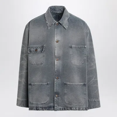 Prada Distressed Blue Canvas Overshirt Men In Gray