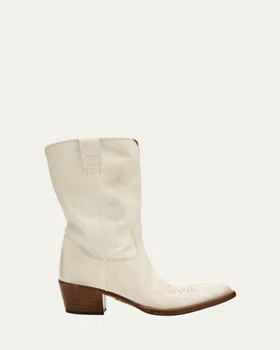 Prada Distressed Calfskin Short Cowboy Boots In Chalk White