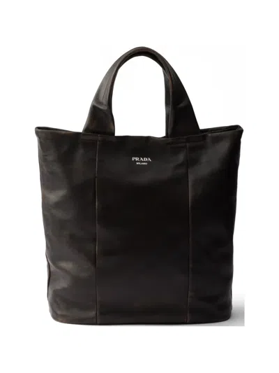 Prada Distressed Nappa Leather Tote Bag In Brown