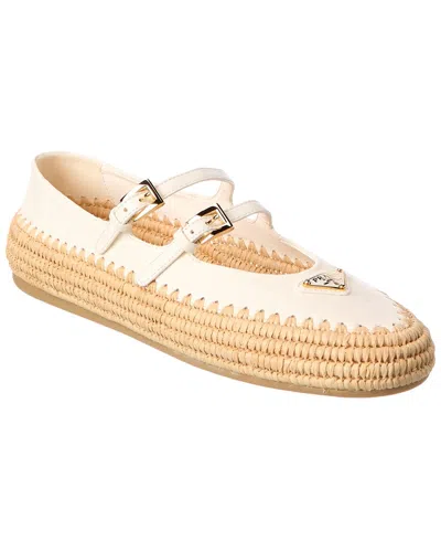 Prada Dnu Inv  Logo Leather & Raffia Ballet Flat In White