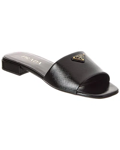 Prada Pantoletten Aus Saffiano-lackleder In Schwarz