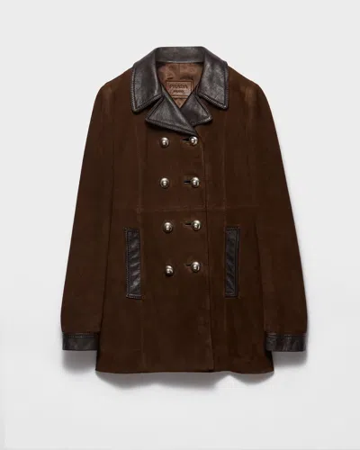 Prada Doppelreihige Cabanjacke Aus Veloursleder In Brown