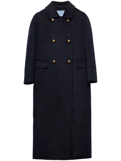 Prada Double-breasted Cashgora Coat In Blue
