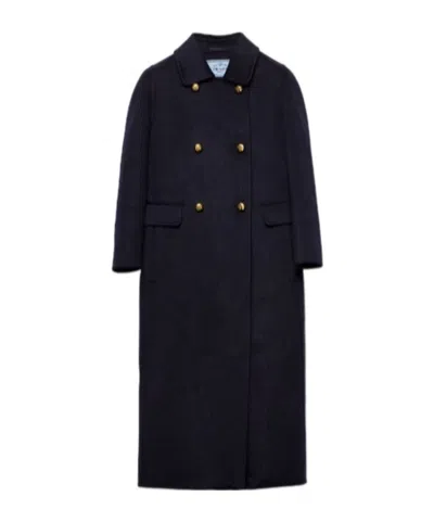 Prada Double-breasted Cashgora Coat In Blue