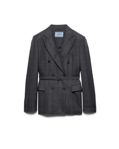 Prada Doppelreihige Jacke Aus Kariertem Wolle In Gray