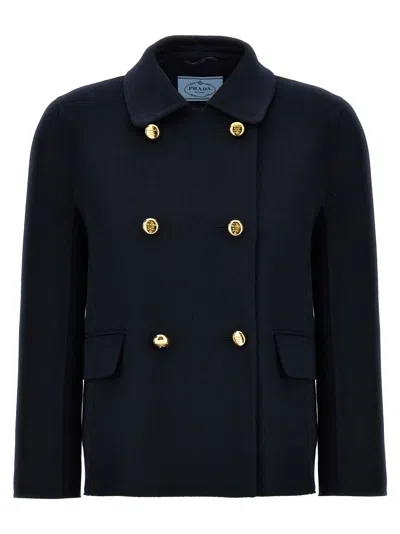 Prada Double-breasted Coat In Blue