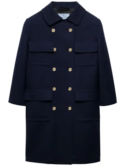 Prada Double-breasted Technical Tricotine Coat In Navy