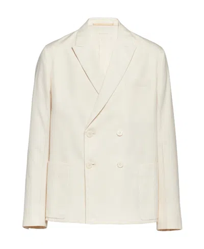 Prada Double-breasted Cotton Jacket In Neutrals