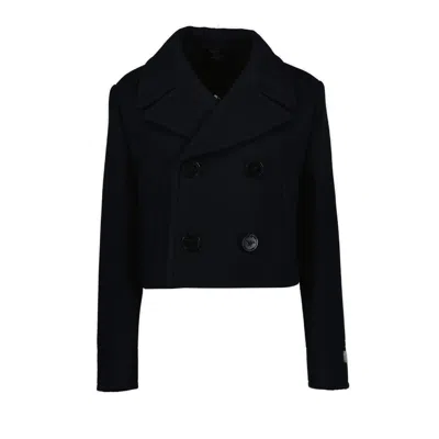 Prada Double Breasted Cropped Peacoat In Blue