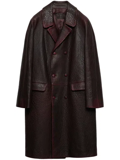 Prada Double-breasted Nappa Leather Coat In Cordovan