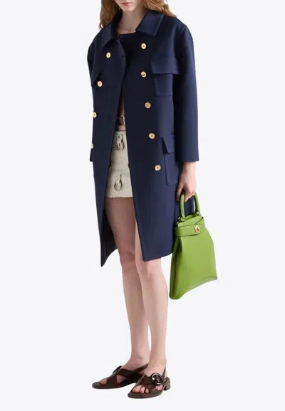 Prada Double-breasted Technical Tricotine Coat In Navy