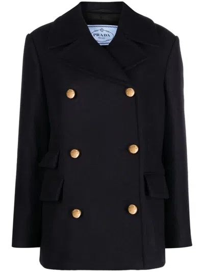 Prada Midnight Blue Wool Blend Coat In Black