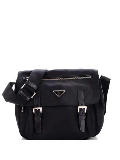 Pre-owned Prada Double Buckle Flap Messenger Bag Tessuto Large Business Bag In Black