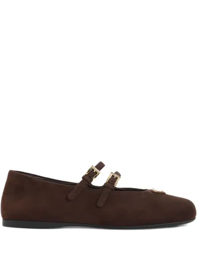 Prada Double-buckle Suede Ballet Flats In Brown