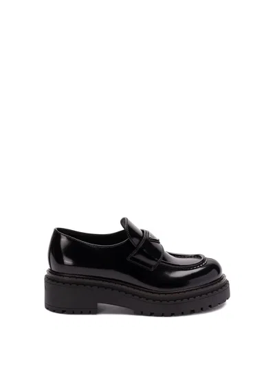 Prada Chocolate Black Brushed Leather Moccasin Women