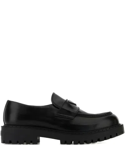 Prada Double Chocolate Logo-plaque Leather Loafers In Black