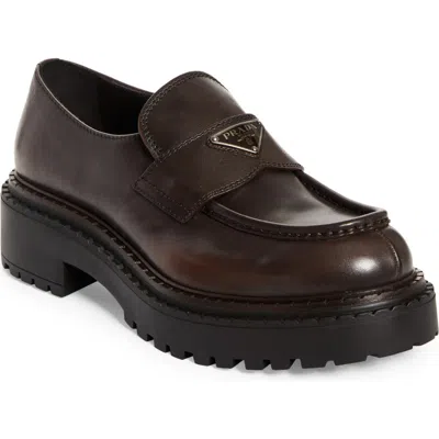 Prada Double Chocolate Platform Loafer In Brown