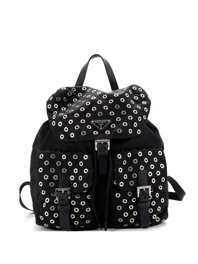Pre-owned Prada Double Front Pocket Tessuto With Grommet Detail Medium Backpack In Black