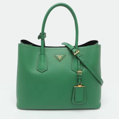 Pre-owned Prada Double Handle Large Green Saffiano Cuir Leather Tote