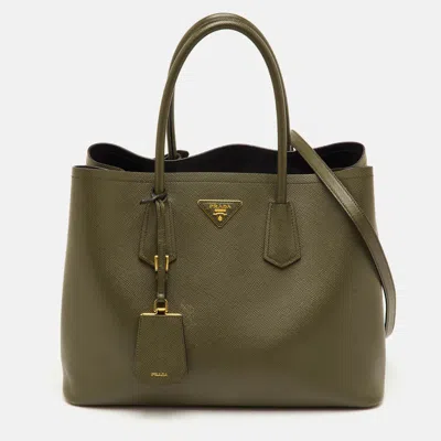 Pre-owned Prada Double Handle Medium Green Saffiano Cuir Leather Tote