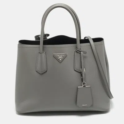 Pre-owned Prada Double Handle Medium Grey Saffiano Cuir Leather Tote In Gray