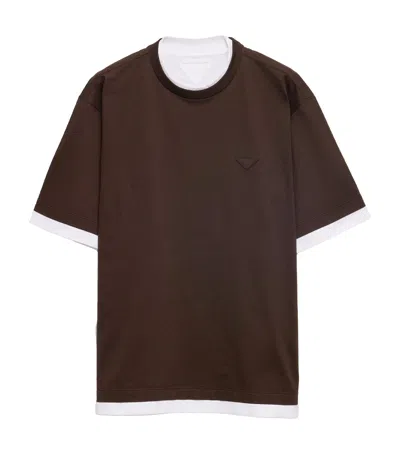 Prada Double-layer Logo T-shirt In Brown